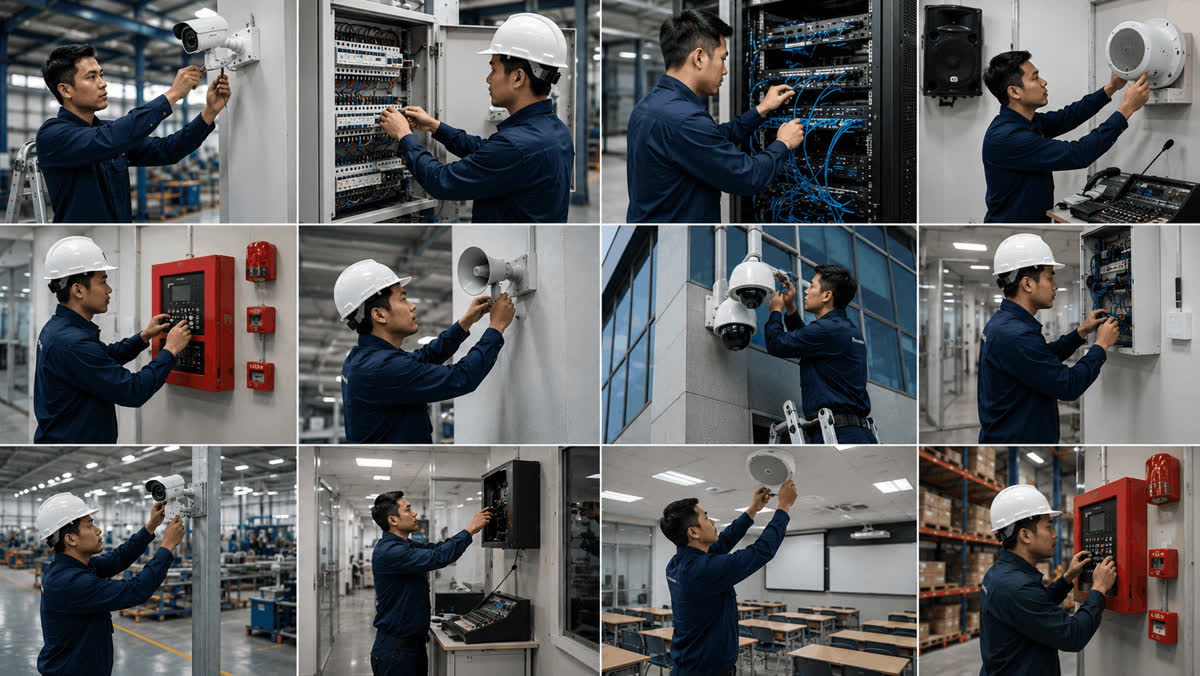 Teknisi Langit mengerjakan instalasi CCTV, jaringan, fire alarm, dan audio gedung.